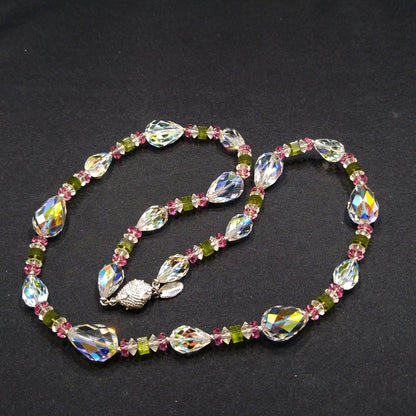 Vendome Crystal Necklace – 1960s Vintage Jewelry with Pear Shaped Swarovski Beads, Pink & Green Accents, 22 Inch Strand