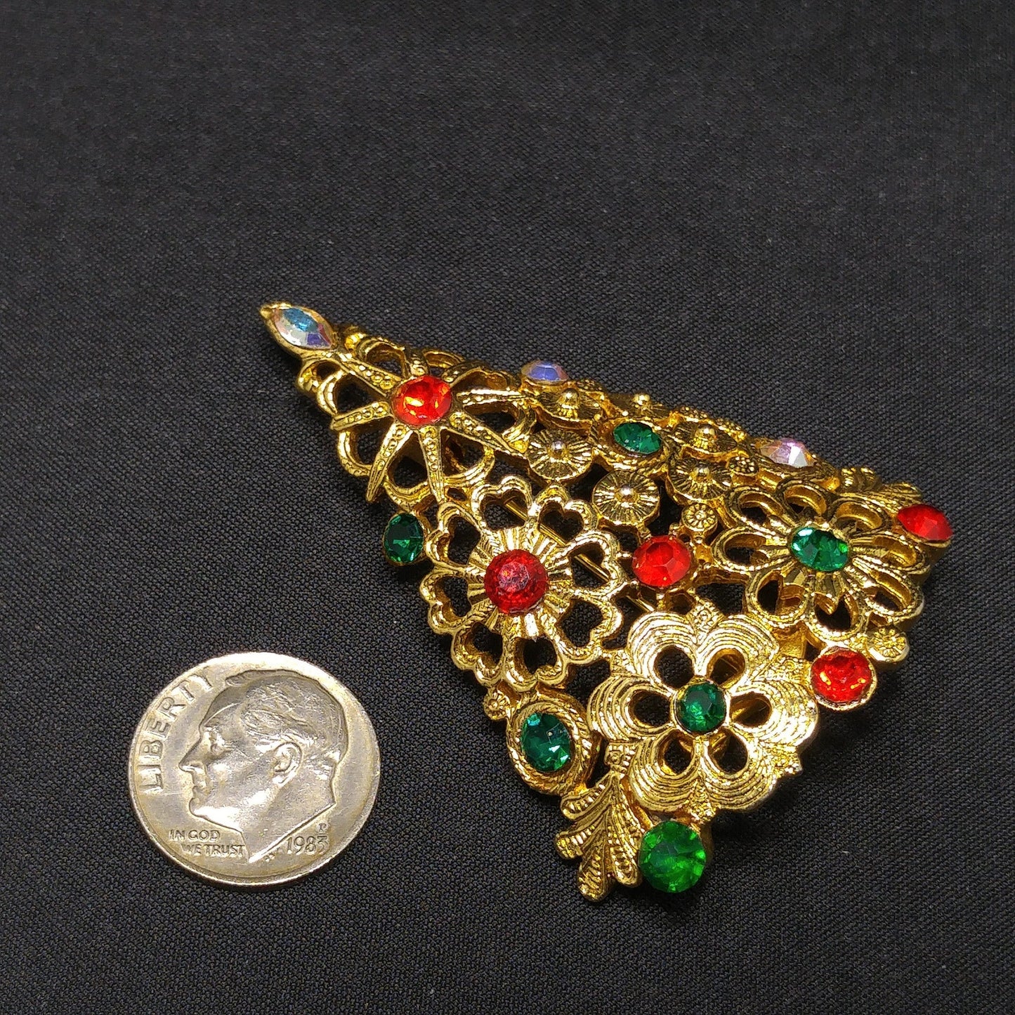 Mylu Christmas Tree Brooch, Gold Plated Floral Rhinestone Pin, 1960s Vintage Holiday Jewelry