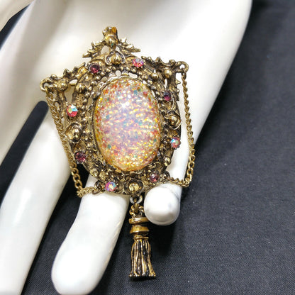 Vintage 1950s Hollywood Faux Opal Glitter Glass Brooch Tassel