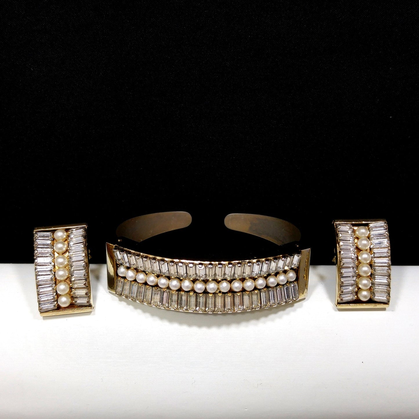 Vintage Leru Baguette Rhinestone & Pearl Cuff Bracelet & Clip Earrings Set 1950s