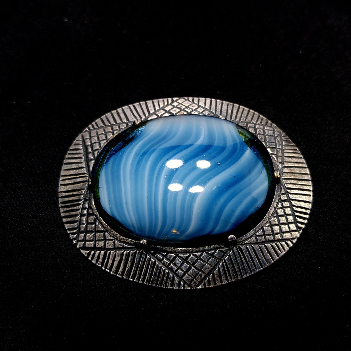 Corocraft Blue Art Glass Brooch, Silver Etched Frame, 1940s Vintage Jewelry