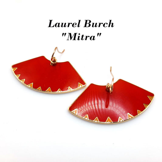 Laurel Burch "Mitra" Red Large Fan Earrings, Gold Plated, Cloisonne Enamel, 1980s Vintage Jewelry
