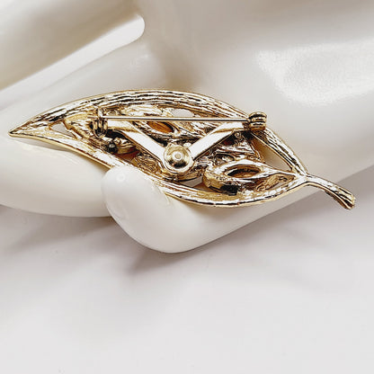 Vintage 1950s Red Rhinestone Leaf Brooch Gold Tone 2.5 Inch Unsigned