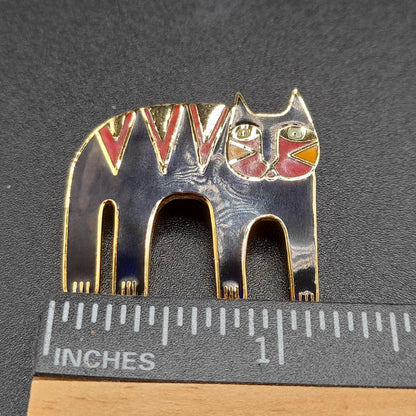 Laurel Burch Magicat Brooch, Black Red Enamel Cloisonne, Gold Plated, 1980s Vintage Jewelry
