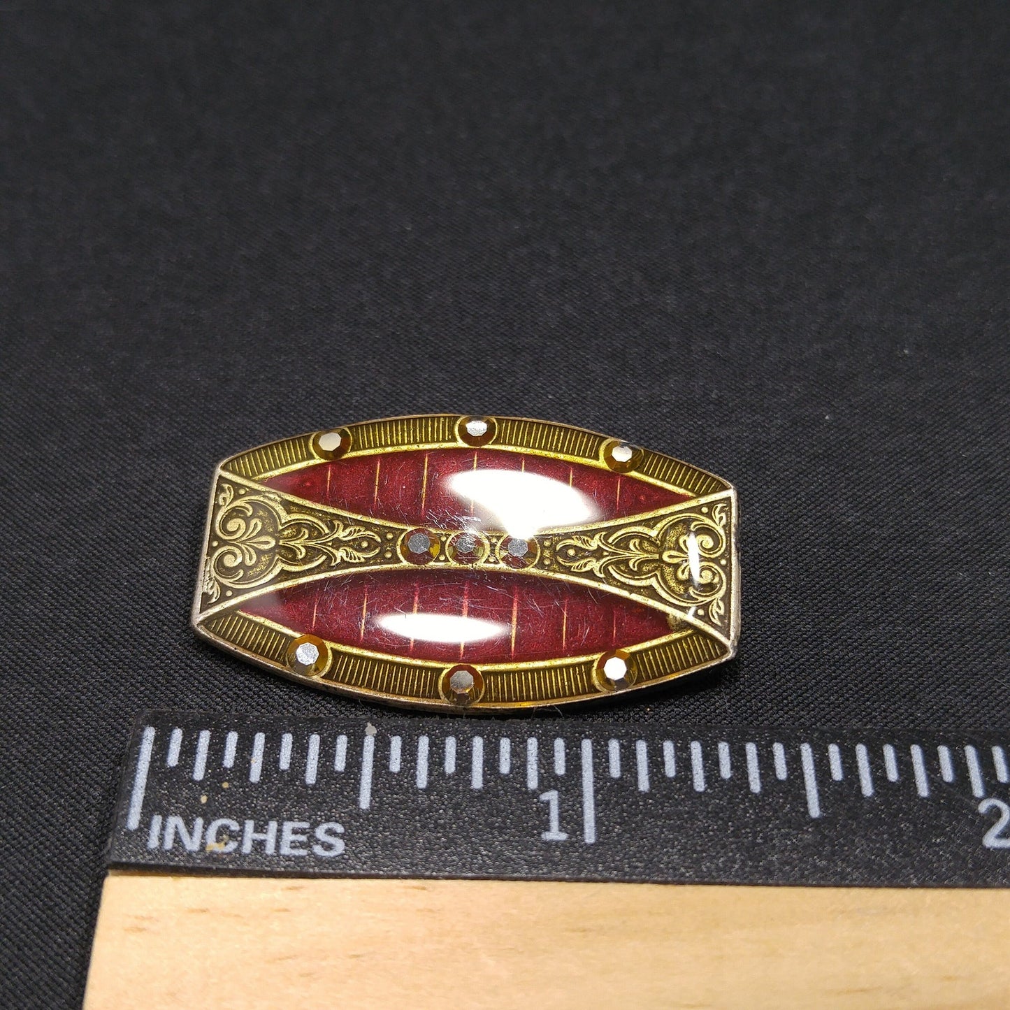 Catherine Popesco Red Enamel Art Deco Brooch, Rhinestones Under Enamel, France, 1980s Vintage Jewelry