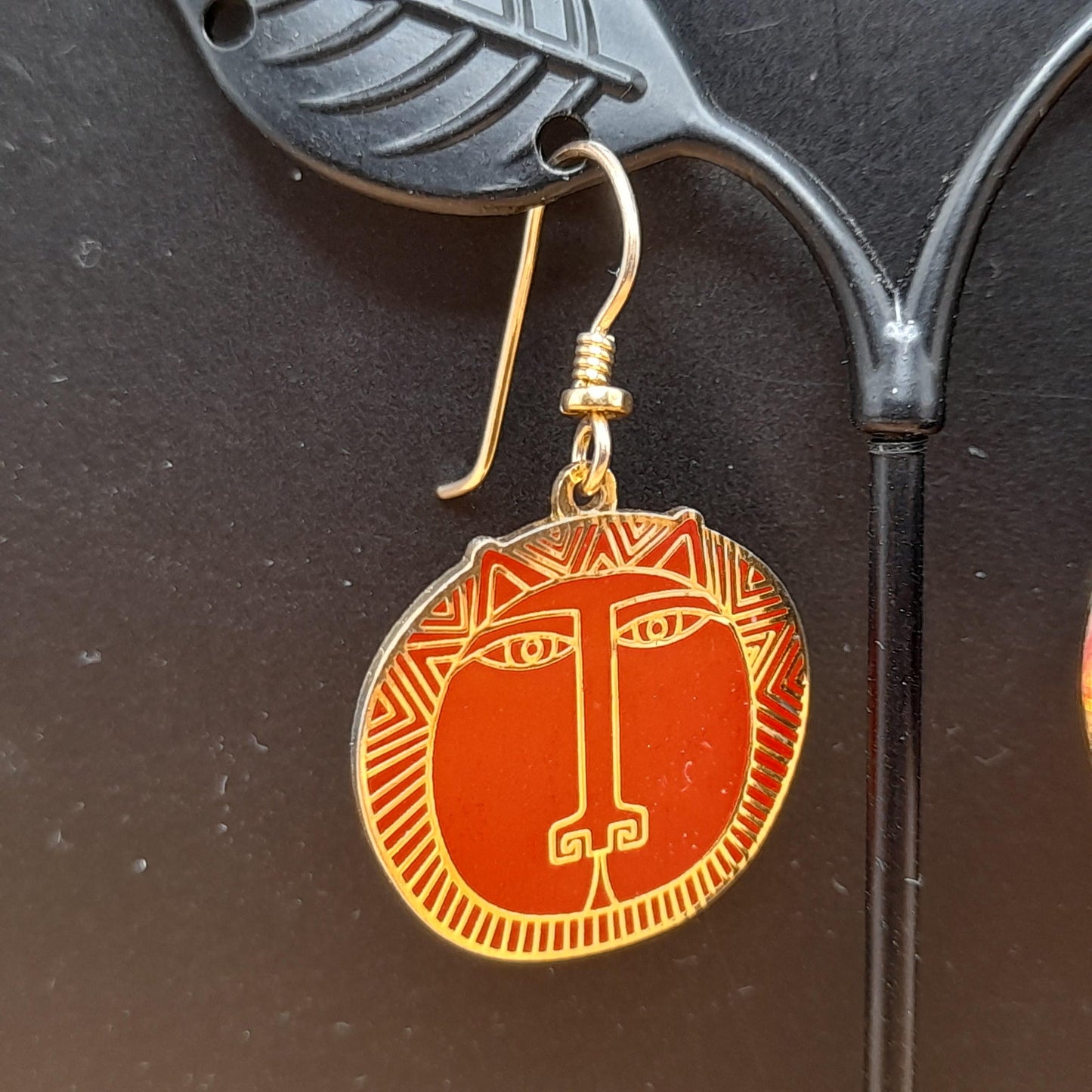 Laurel Burch "Moon Tiger" Red Drop Earrings, Gold Plated Cloisonné, Red Enamel, 1980s Vintage Jewelry