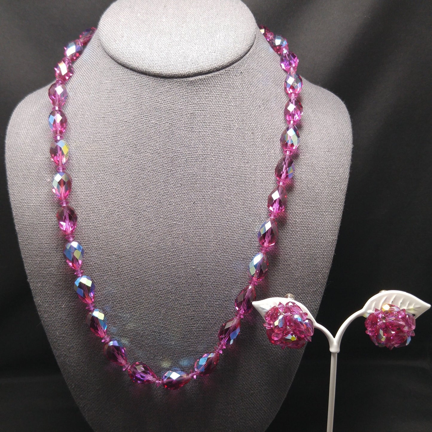 Vendome Hot Pink Crystal Necklace & Clip Earrings Set 1960s AB Teardrop Beads