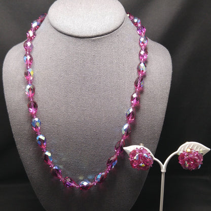 Vendome Hot Pink Crystal Necklace & Clip Earrings Set 1960s AB Teardrop Beads