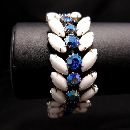Vintage Weiss Blue AB Rhinestone Bracelet, White Milk Glass Cabochons, Rhodium Plated