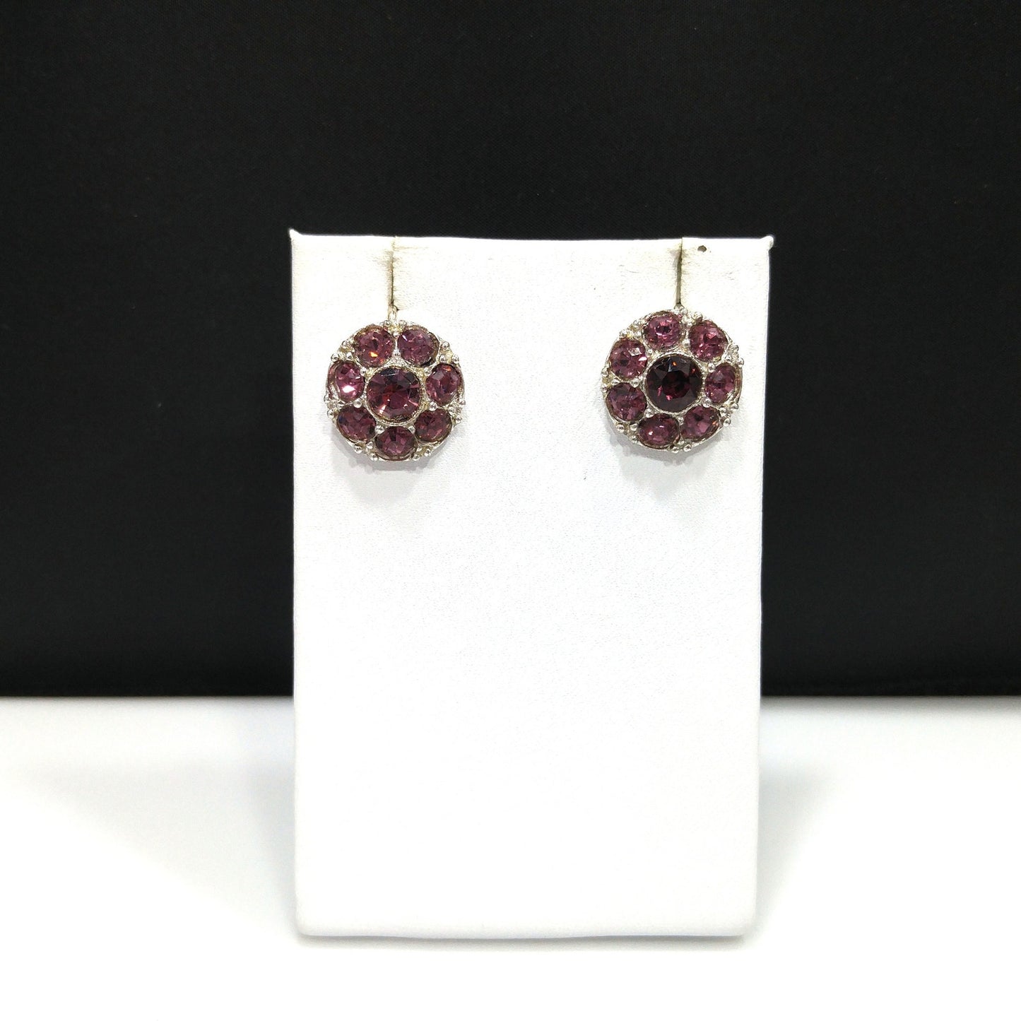 Bogoff Purple Rhinestone Screw Back Earrings, Rhodium Plated, 1940s Vintage Jewelry