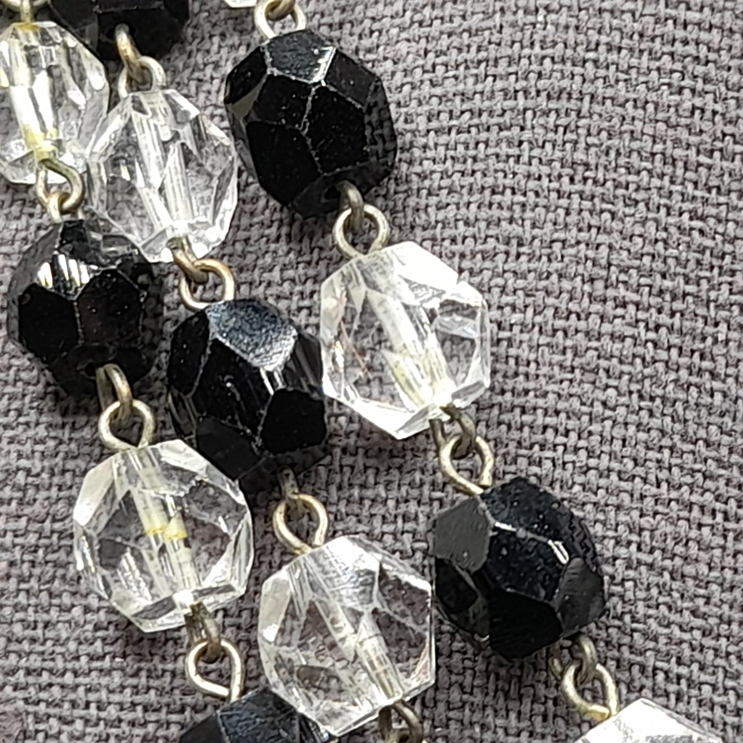 Vintage Art Deco Black and Clear Crystal Necklace – 1920s Wire Wrapped Flapper Beads – 53 Inches