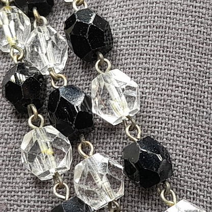 Vintage Art Deco Black and Clear Crystal Necklace – 1920s Wire Wrapped Flapper Beads – 53 Inches