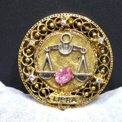 Arthur Pepper "Art" Libra Zodiac Brooch, Pink Rhinestone, 1960s Vintage Jewelry