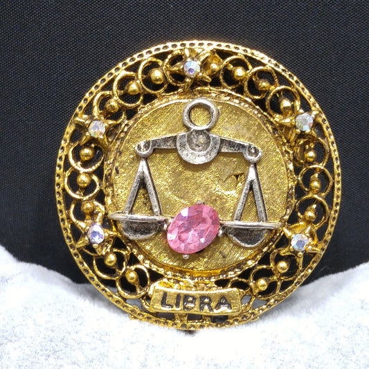 Arthur Pepper "Art" Libra Zodiac Brooch, Pink Rhinestone, 1960s Vintage Jewelry