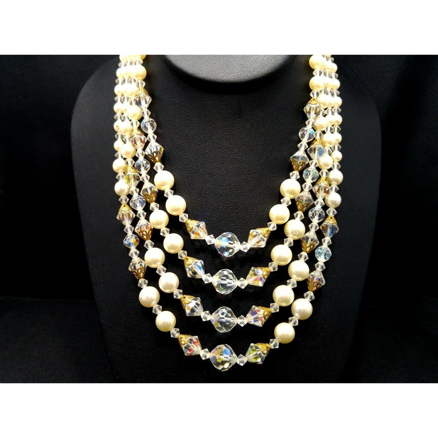 Mid Century AB Crystal Bead Necklace, Faux Pearls, Aurora Borealis, 1960s