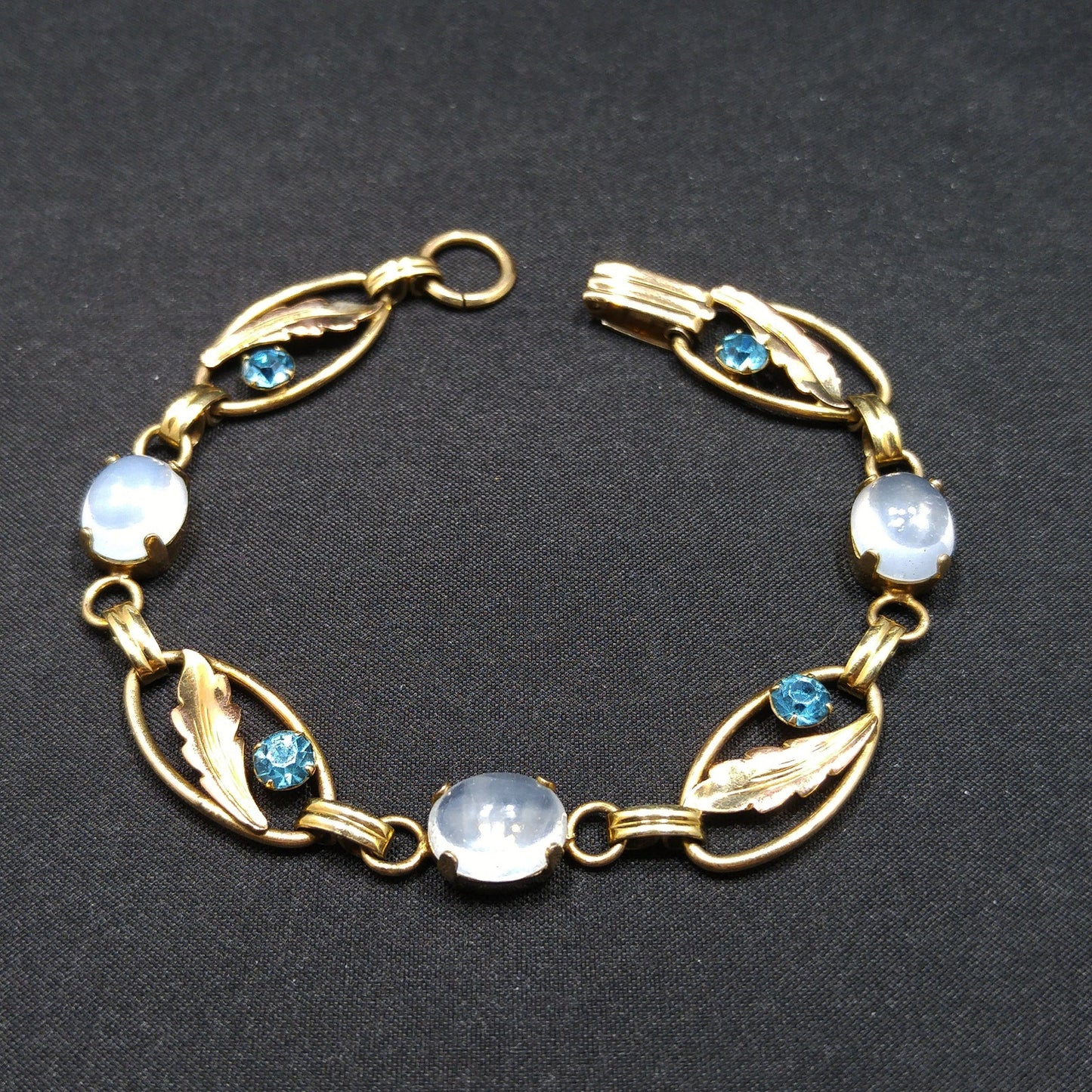 Van Dell 12K Gold Over Sterling Leaves Bracelet, Faux Moonstones, Blue Rhinestones, 1940s Vintage Jewelry