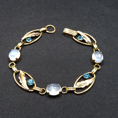 Van Dell 12K Gold Over Sterling Leaves Bracelet, Faux Moonstones, Blue Rhinestones, 1940s Vintage Jewelry