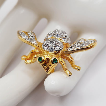 Vintage 1990s Joan Rivers Bee Brooch – Clear Pave Rhinestones, Green Eyes – 1 1/4 Inch Collectible Pin