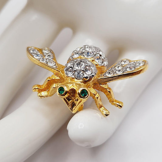 Vintage 1990s Joan Rivers Bee Brooch – Clear Pave Rhinestones, Green Eyes – 1 1/4 Inch Collectible Pin
