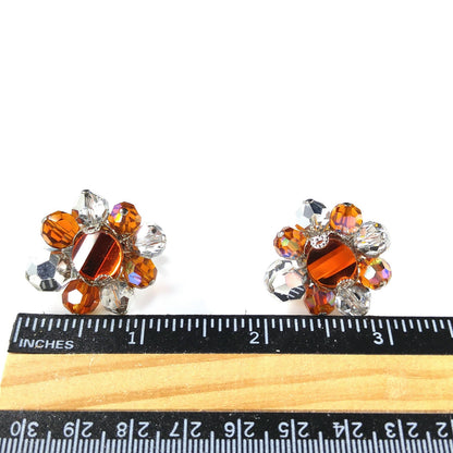 Vendome Beaded Clip Earrings, Orange Silver Clear Crystal Beads, 1960s Vintage Jewelry