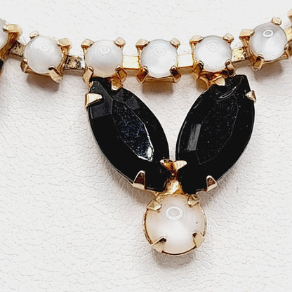 Vintage Black Rhinestones Milky White Cabs Gold Plated Choker Necklace, 1960s