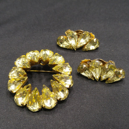 Jonquil Teardrop Rhinestone Brooch & Earrings, Gold Plated, 1950s Vintage Jewelry