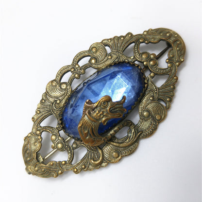 Antique Dragon Overlay Blue Glass Brooch, Edwardian Ornate Pin, 1910s Vintage Jewelry