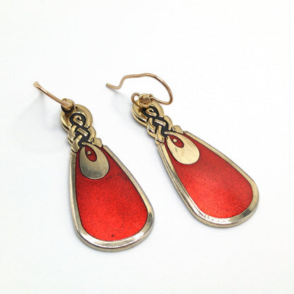 Vintage Laurel Burch Love Knot Earrings, Red Enamel, Gold Plated