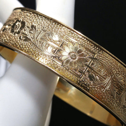 Vintage 1930s 10K GF Floral Hinged Bracelet Engraved Flowers Safety Chain