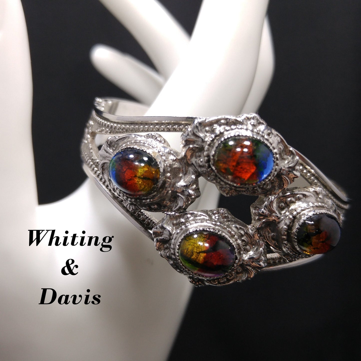 Whiting & Davis Cuff Bracelet, Gold Foil Rainbow Cabochons, Rhodium Plated, 1970s Vintage Jewelry