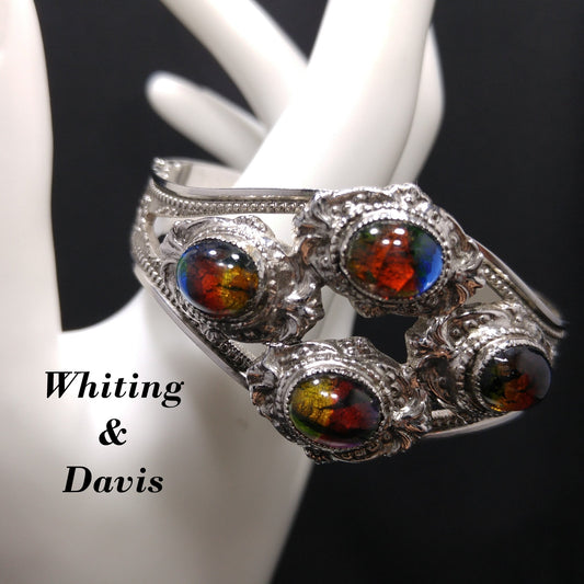 Whiting & Davis Cuff Bracelet, Gold Foil Rainbow Cabochons, Rhodium Plated, 1970s Vintage Jewelry