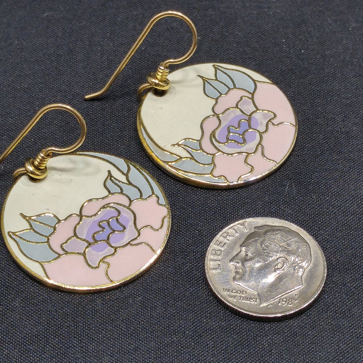 Vintage Laurel Burch "Garden Rose" Earrings, Cloisonné Gold Plated