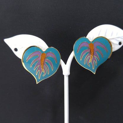 Vintage Laurel Burch Teal Anthurium Post Earrings, 1980s Vintage Jewelry