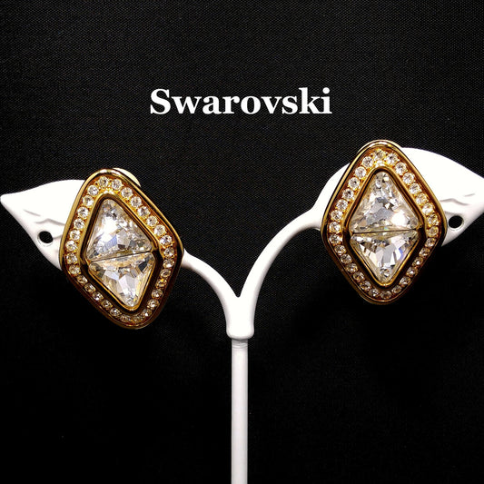 Vintage Swarovski Swan Logo Clear Crystal Clip Earrings Gold Plated 1990s