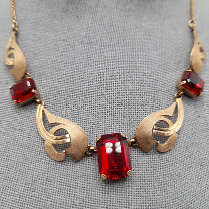 Van Dell Red Rhinestone Necklace Earrings Set, 12K GF, Screw Back Earrings, 1940s Vintage Jewelry
