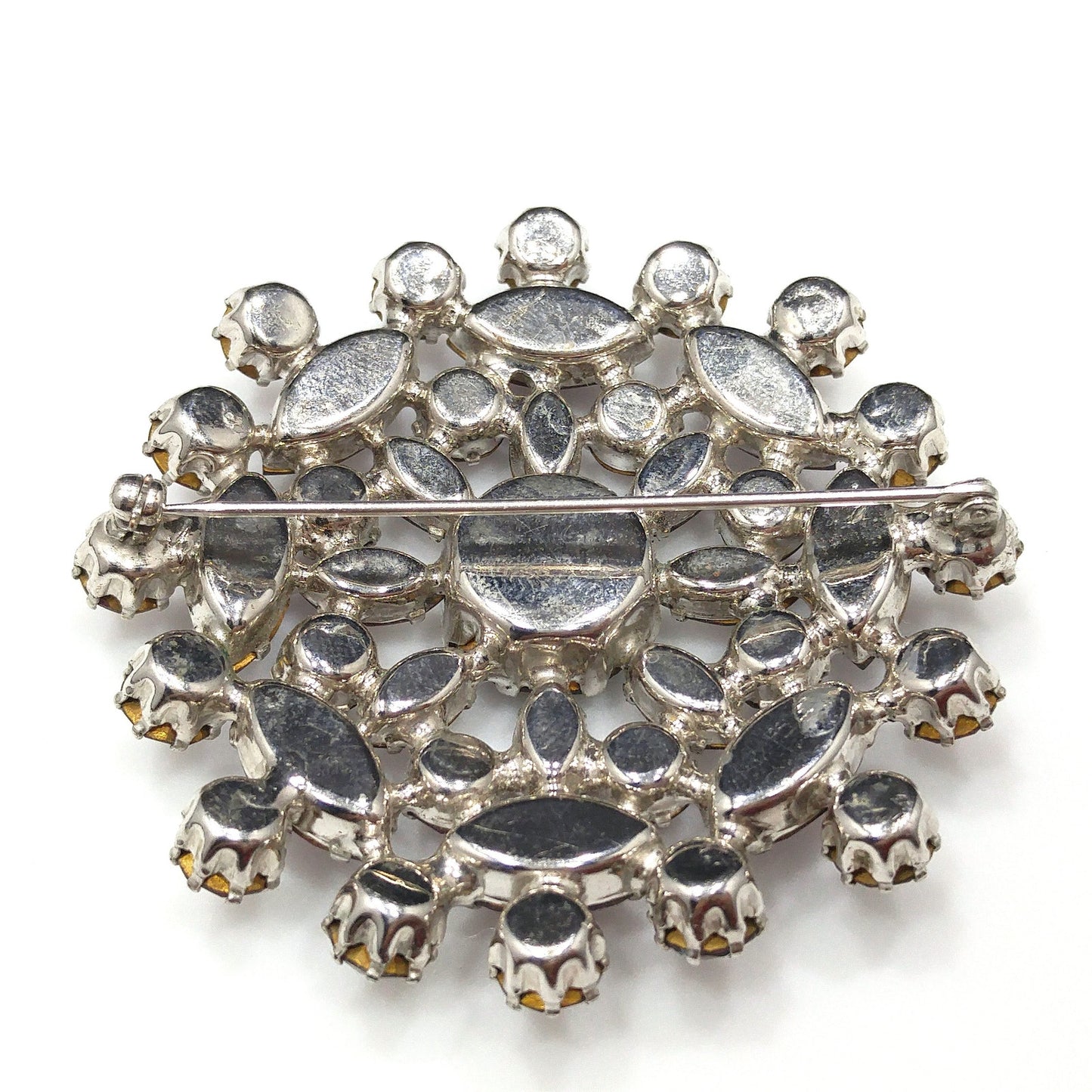 Purple Snowflake Flower Rhinestone Brooch, Rhodium Plated, 1960s Vintage Jewelry