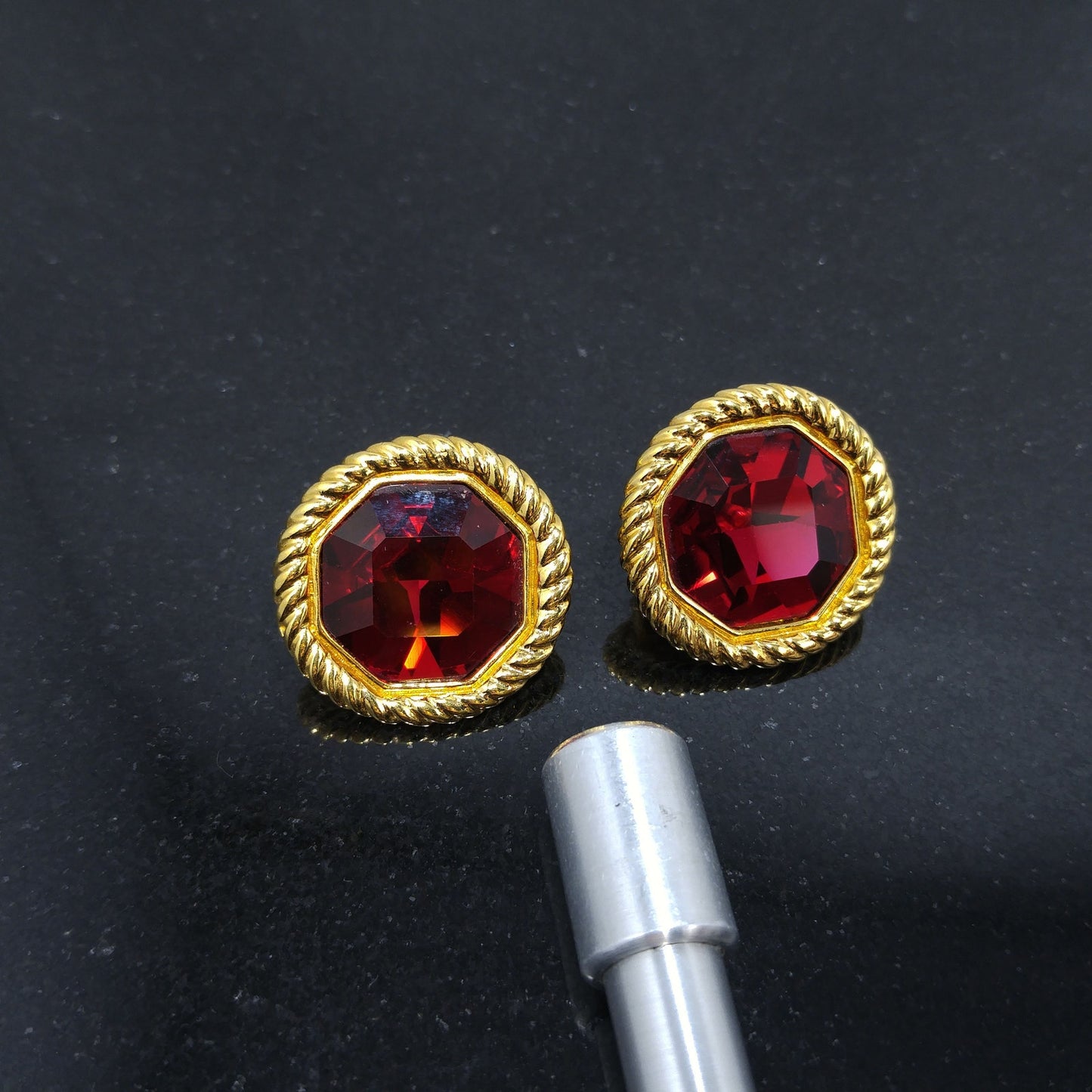Vintage Swarovski Red Crystal Clip Earrings Gold Plated Rope Frame 1990s