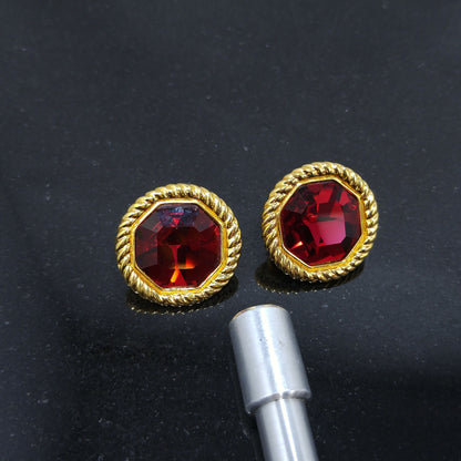 Vintage Swarovski Red Crystal Clip Earrings Gold Plated Rope Frame 1990s