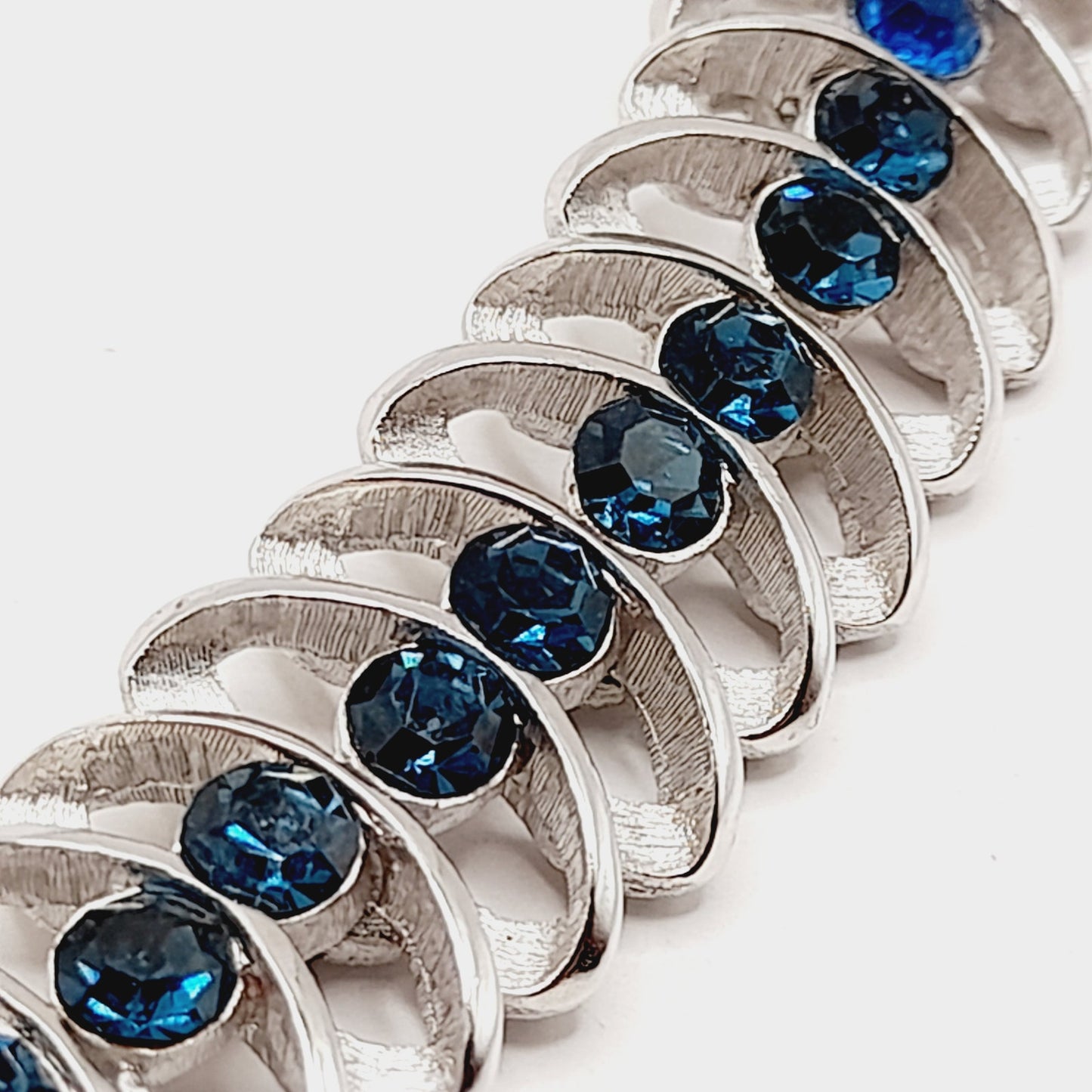 Vintage Crown Trifari Blue Rhinestone Bracelet – Rhodium Plated – 6.75 Inches