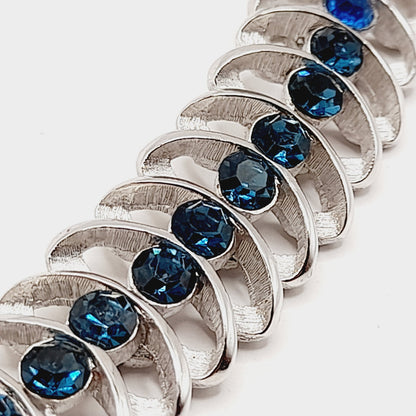 Vintage Crown Trifari Blue Rhinestone Bracelet – Rhodium Plated – 6.75 Inches