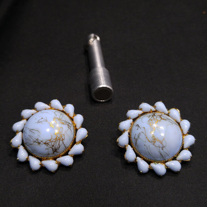 Weiss Light Blue & Gold Marbled Art Glass Earrings, Gold Plated, 1950s Vintage