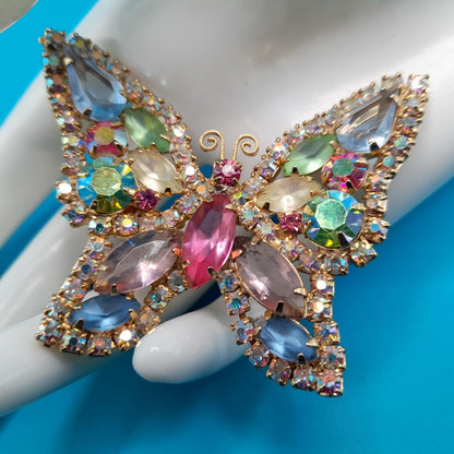 Vintage Weiss Butterfly Brooch, Pastel Rhinestones, Gold Plated, 1960s Jewelry