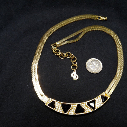 Vintage Christian Dior Black Crystal Geometric Necklace, Clear Rhinestones, Gold Plated