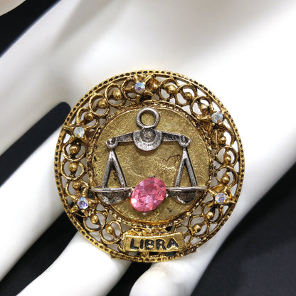 Arthur Pepper "Art" Libra Zodiac Brooch, Pink Rhinestone, 1960s Vintage Jewelry