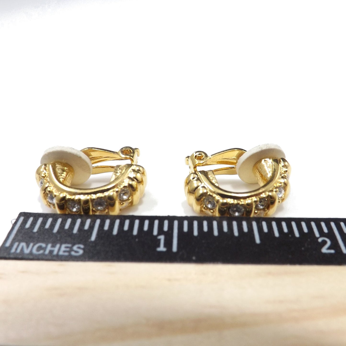 Swarovski Clear Rhinestone Half Hoop Clip On Earrings, Gold Tone, 1990s Vintage