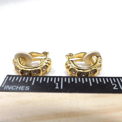 Swarovski Clear Rhinestone Half Hoop Clip On Earrings, Gold Tone, 1990s Vintage