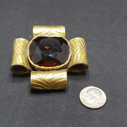 Mid-Century "Original By Robert" Topaz Glass Brooch Pendant, Gold Plated, 1950s Vintage Jewelry