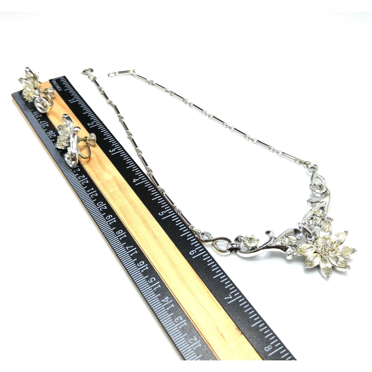 Coro Clear Rhinestone Rhodium Plated Necklace & Earrings, Wedding Jewelry Set, 1950s Vintage Jewelry