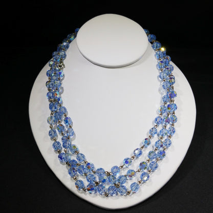 Blue Austrian Crystal Beaded Necklace, Long Rosary Style, 1960s Vintage Jewelry