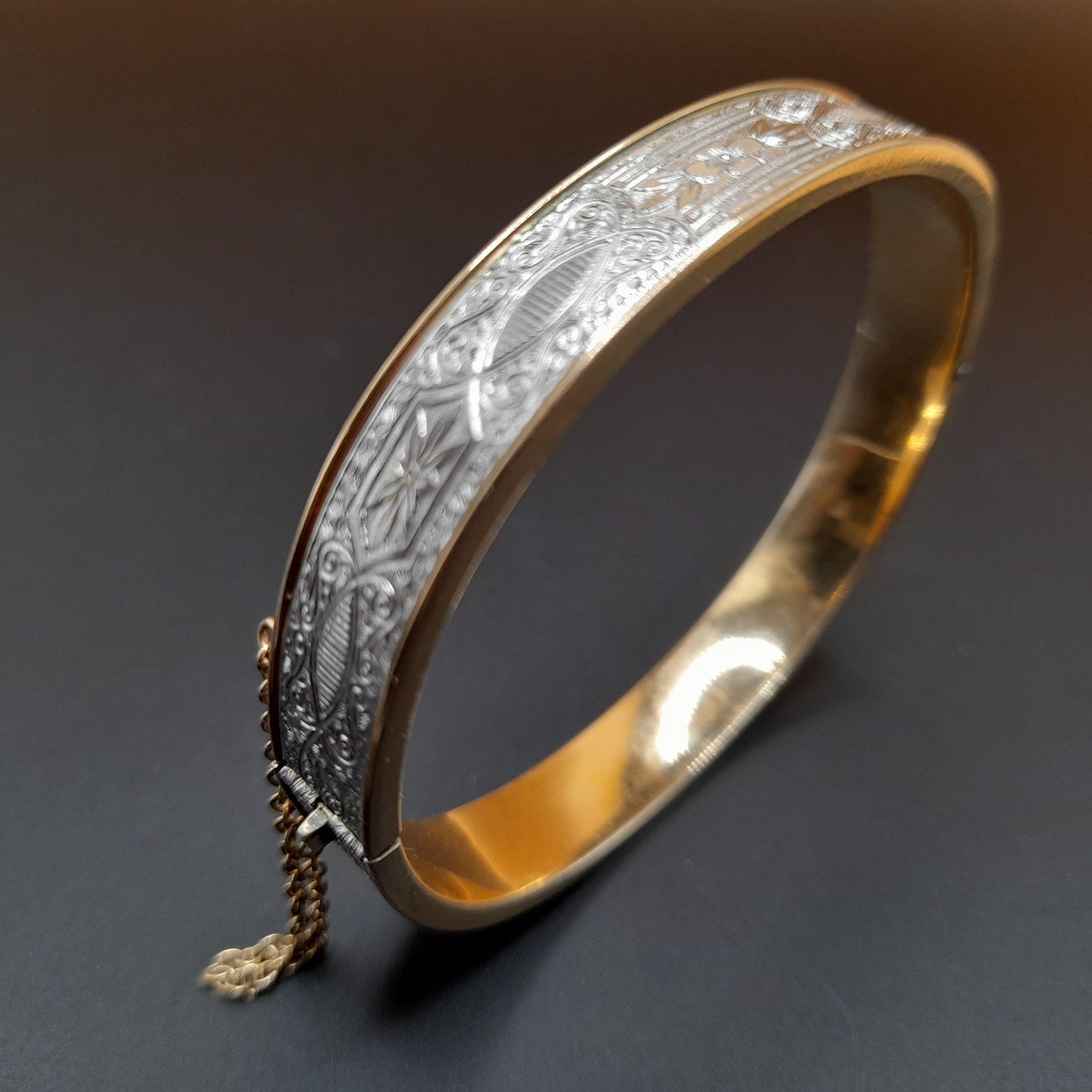 Krementz Hinged Bangle Bracelet, Rolled Gold Overlay, Two Toned, Safety Chain, 1950s Vintage Jewelry